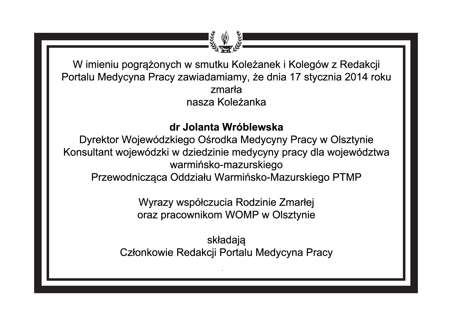 Nekrolog Śp. dr Jolanty Wróblewskiej