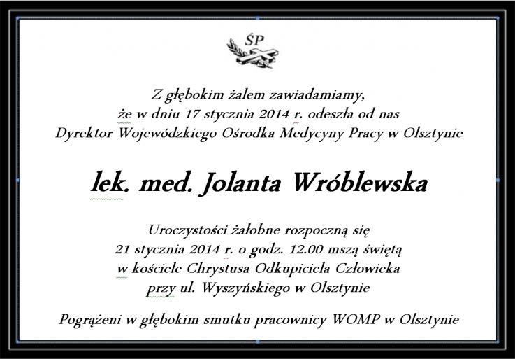 Nekrolog Śp. dr Jolanty Wróblewskiej